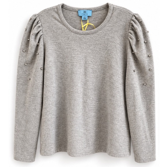 CeCe Tops - CeCe Heather Gray Rhinestone Puff Sleeve Knit Top XL New With Tags